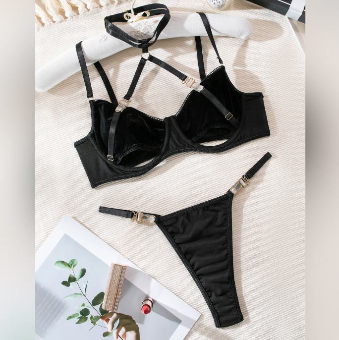 Velvet Strap Suspender Sexy Lingerie Set