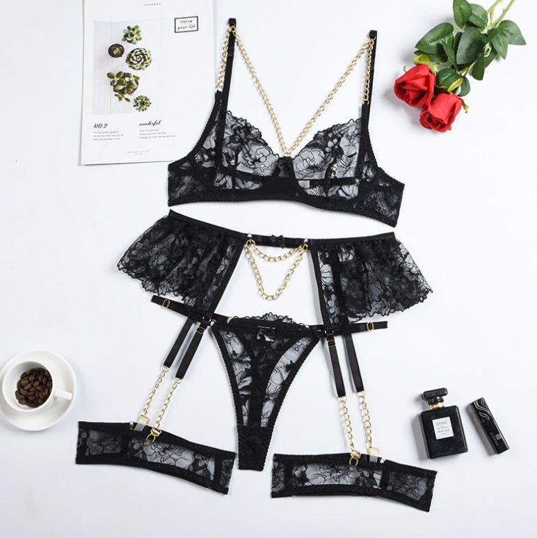 Black high-end quality metal chain lace sexy lingerie