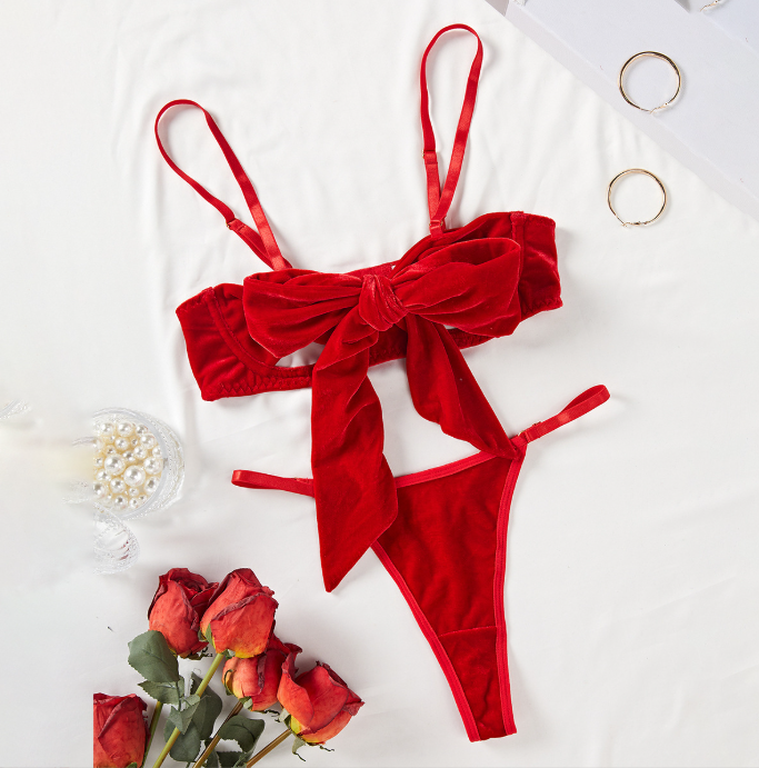 Red velvet hollow bow sexy lingerie