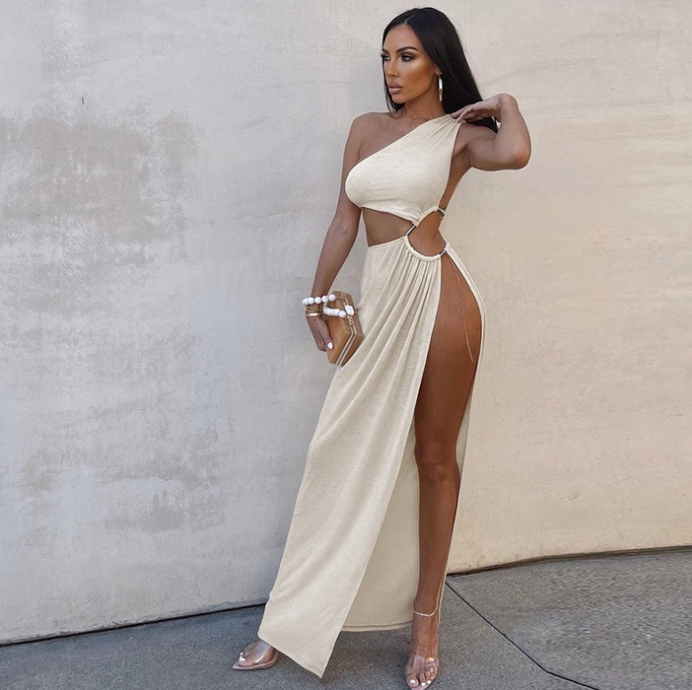 High Slit Waist-revealing Hollow One-shoulder Dress
