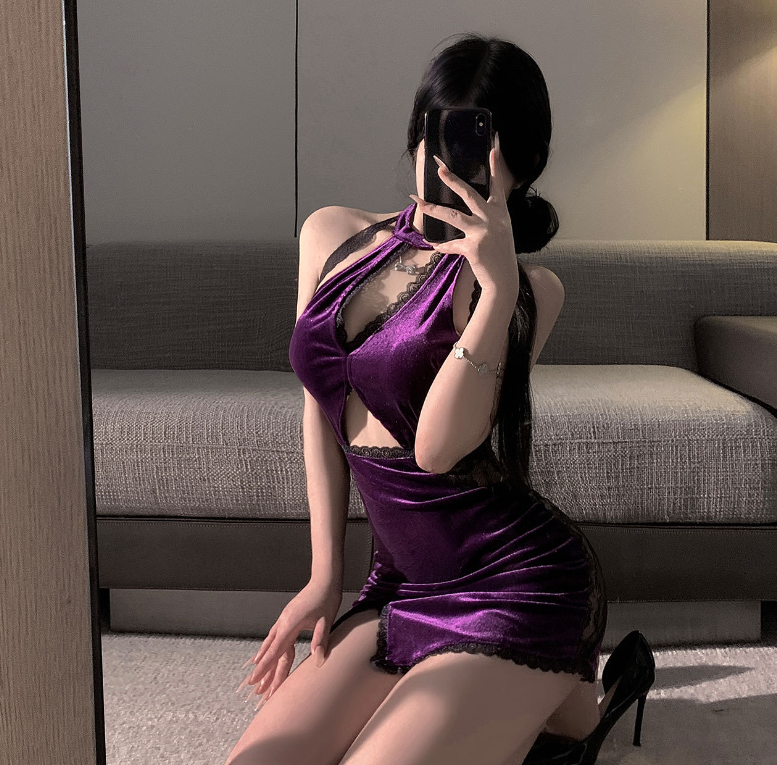 Purple Velvet Cheongsam Uniform Club Wear