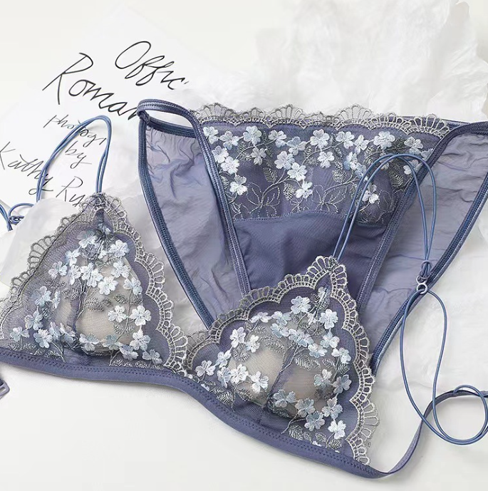 French Sexy Lace Embroidered Flower Lingerie Set