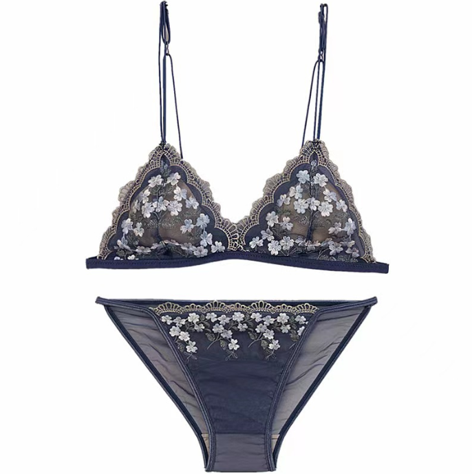 French Sexy Lace Embroidered Flower Lingerie Set