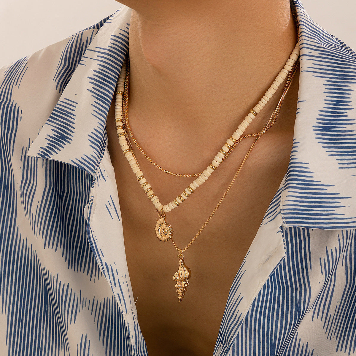 Layered Beaded Necklace with Shell Pendant