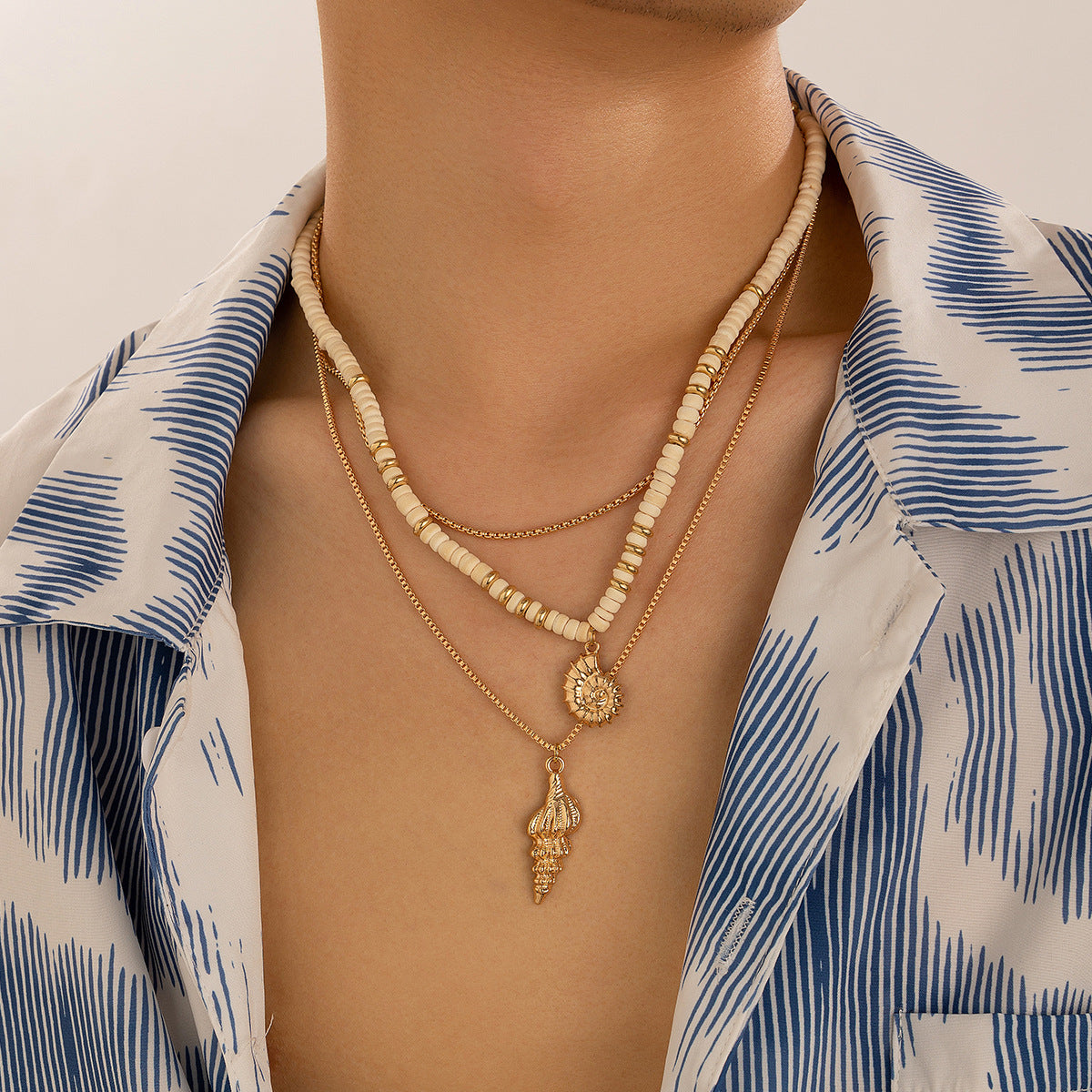 Layered Beaded Necklace with Shell Pendant