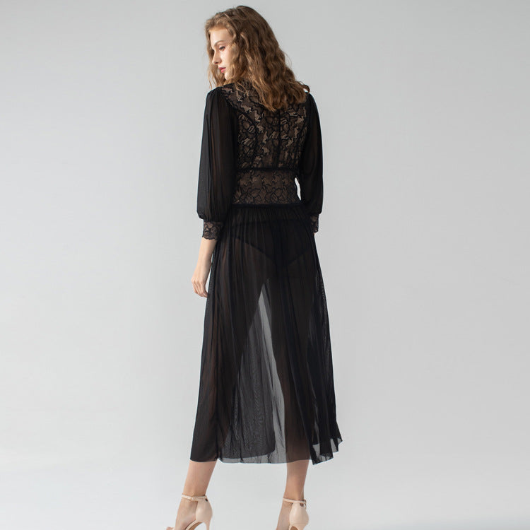 Deep V Allover Lace Satin Long Sleeves Robe