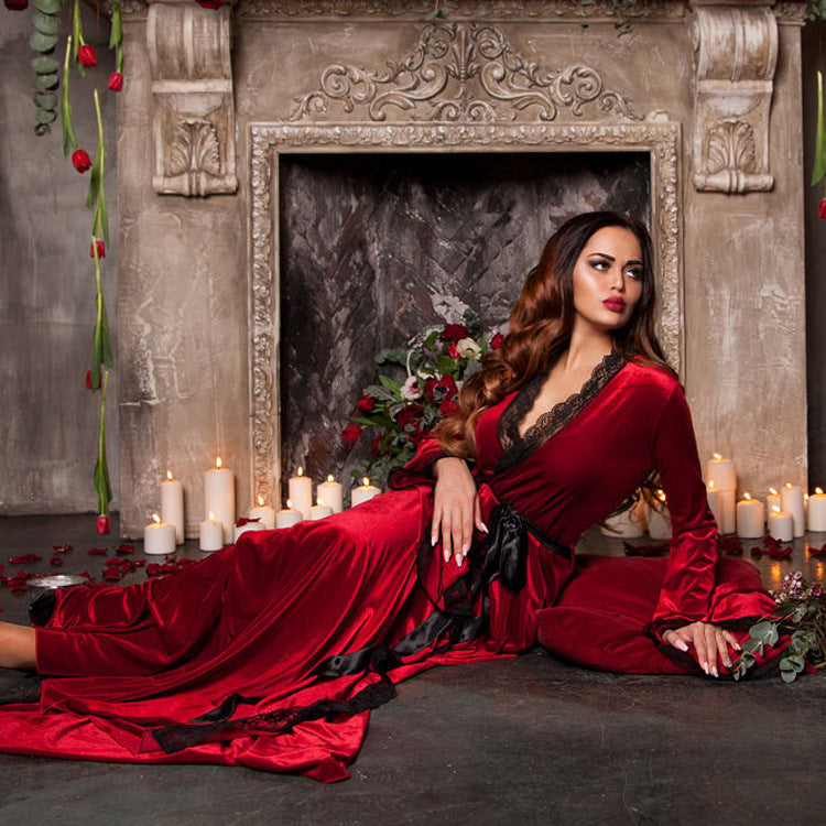 Velvet Lace Trim Long Sleeves Robe