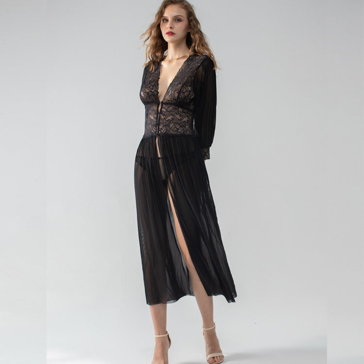 Deep V Allover Lace Satin Long Sleeves Robe