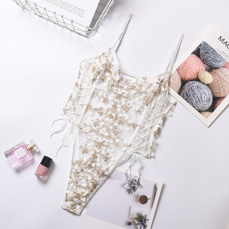 Spring White Floral Embroidery Sexy Bodysuit