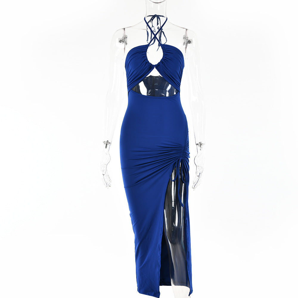 High Slit Shirred Halter Neck Hollow Dress Club Wear