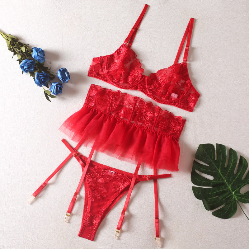 Allover Lace Embroidery Sexy Lingerie Set