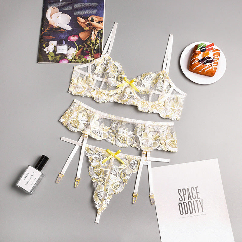 Spring Floral Embroidery Sheer Mesh Sexy Lingerie Set