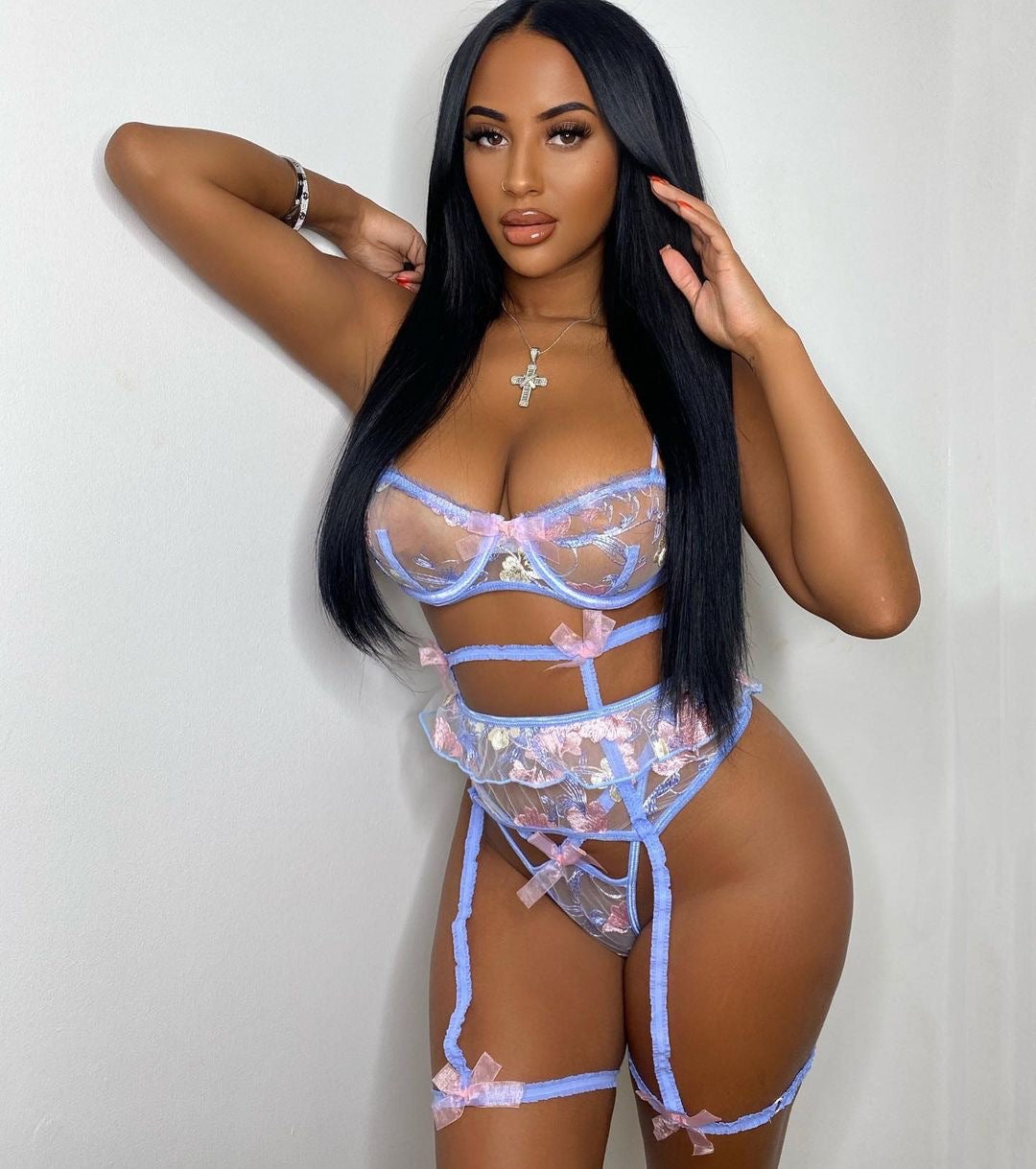 Pink Floral Embroidery Sheer Mesh Sexy Lingerie Set