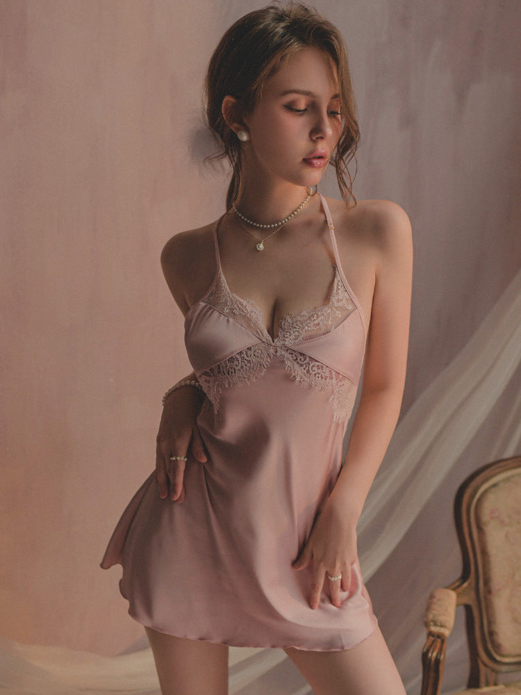 Ice Silk Thin Sexy Lace Backless Chemise
