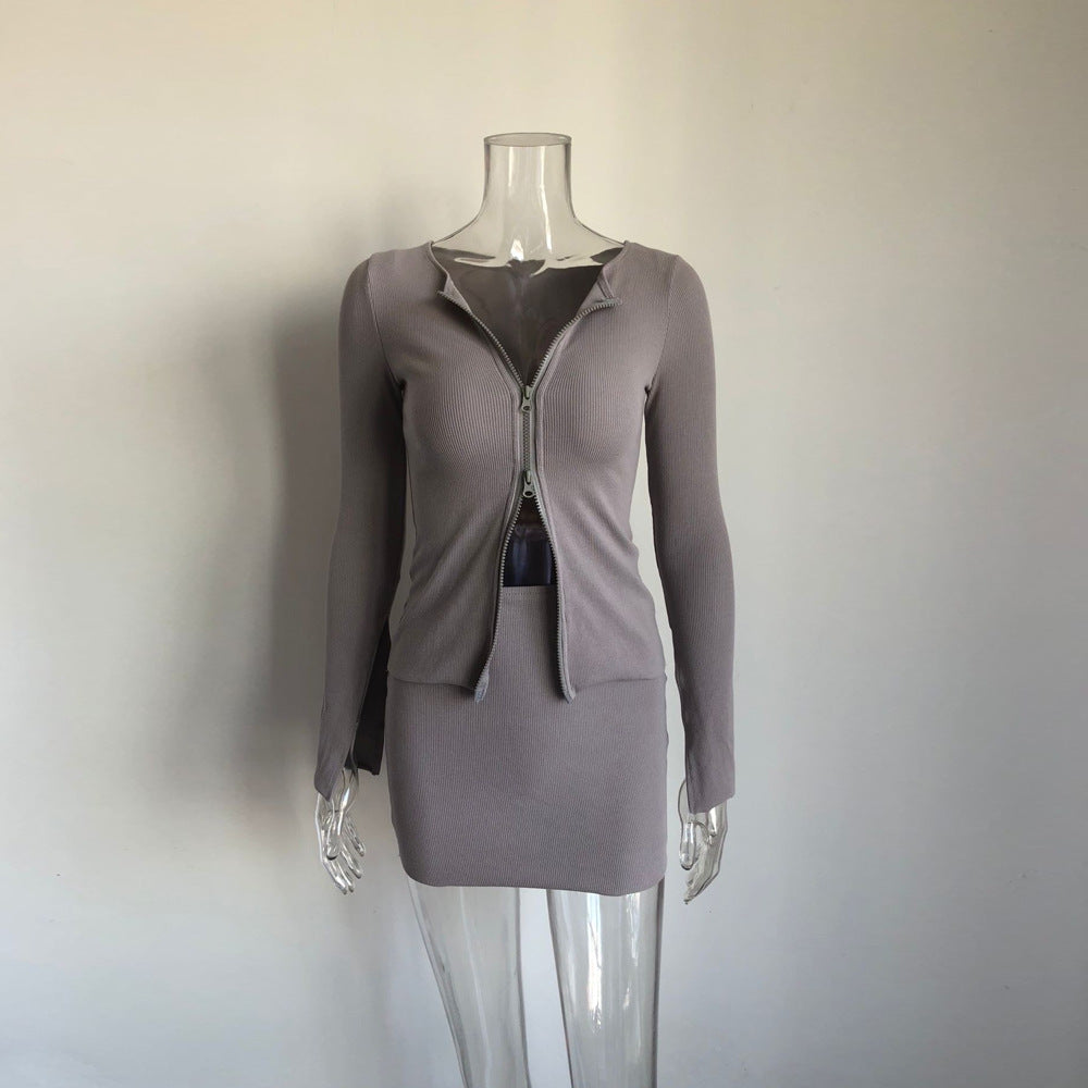 Zipper Sexy Tight Dress 2PCS Dress Set Club Wear
