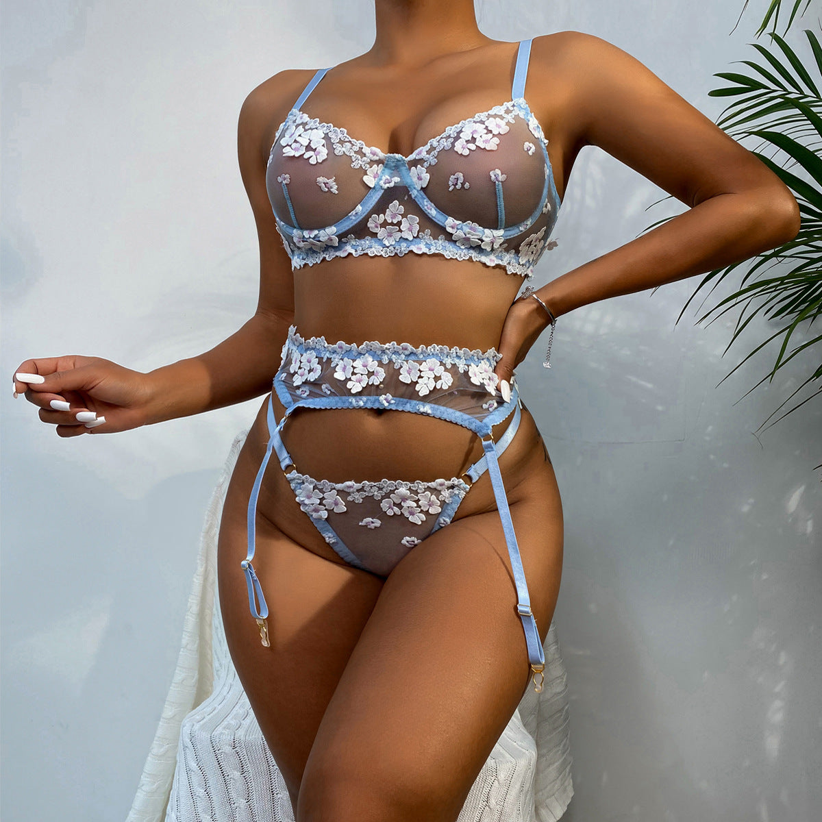 Sheer Mesh Floral Embroidery Sexy Lingerie Set