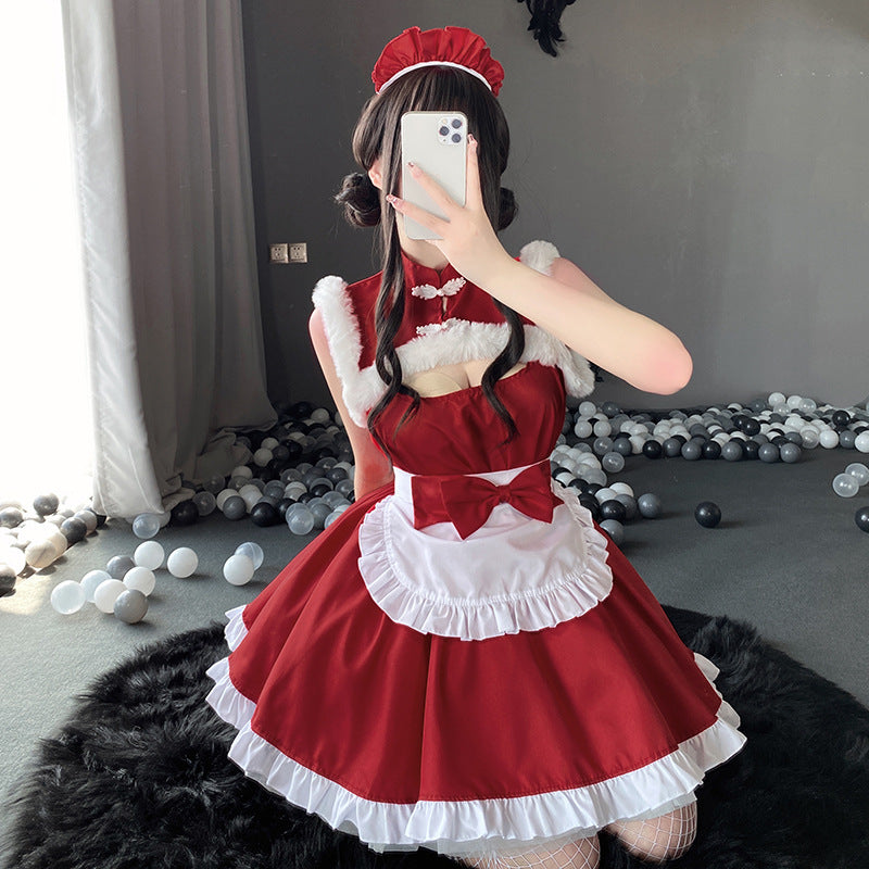 Christmas Maid Dress Lace Plumes Sexy Lingerie Costume