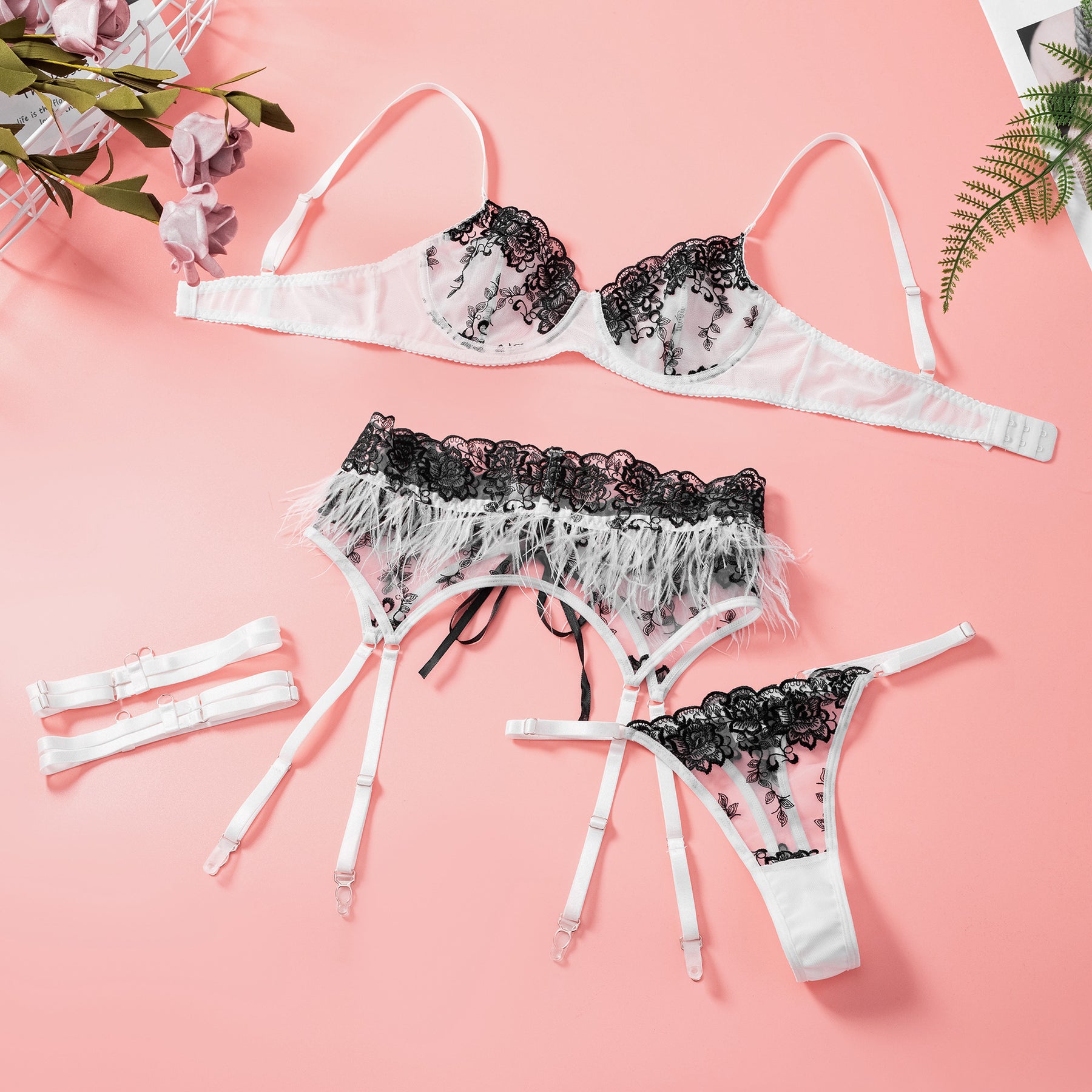 Embroidery Lace Trim Sexy Lingerie Set