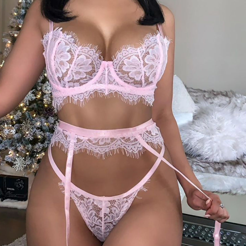 Sexy Hollow Lingerie Three Piece Set