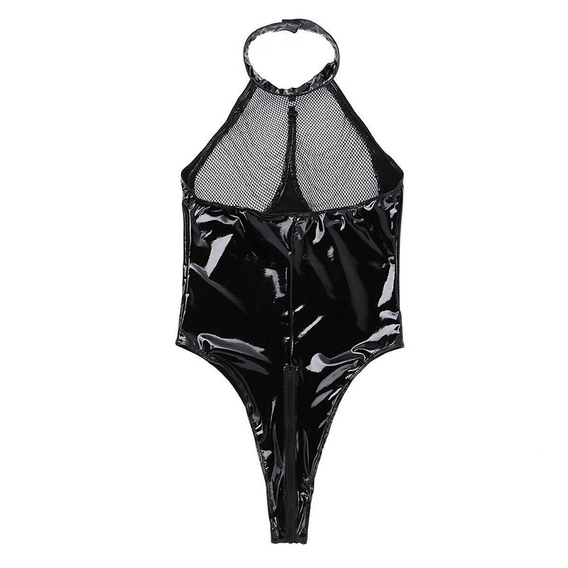 PU Leather Perspective Fishnet Metal Chain Sexy Bodysuit