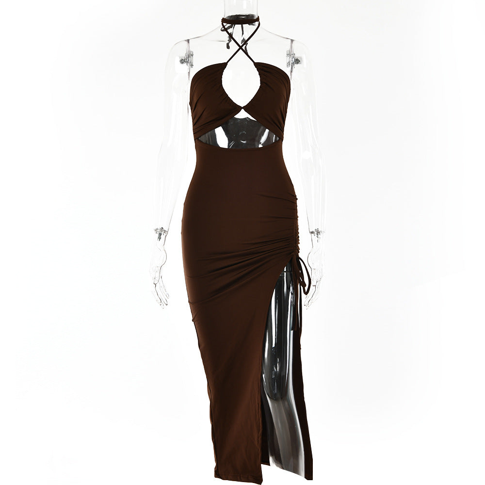 High Slit Shirred Halter Neck Hollow Dress Club Wear