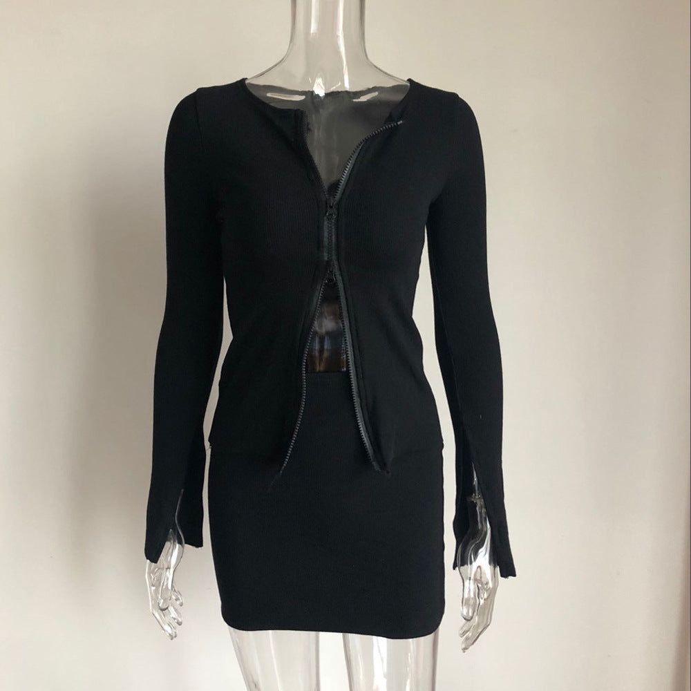 Zipper Sexy Tight Dress 2PCS Dress Set Club Wear
