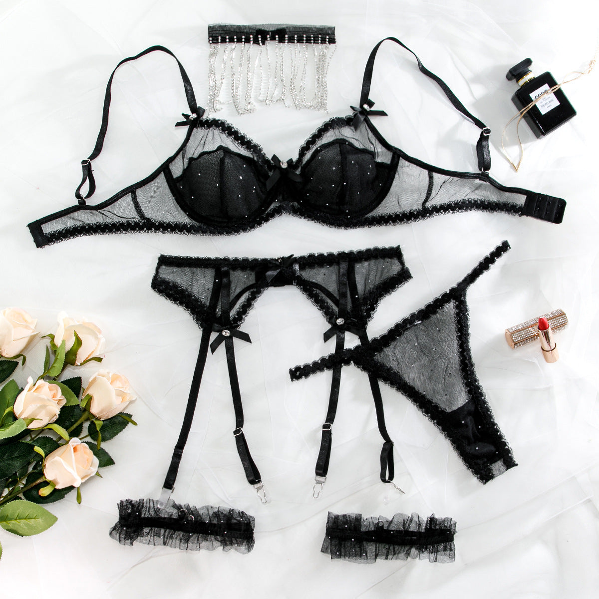 Sheer Mesh Rhinestones Chain Sexy Lingerie Set