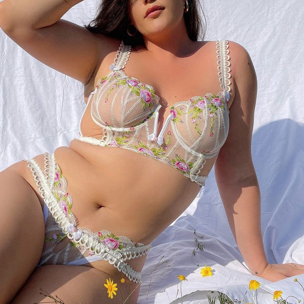 Sheer Mesh Colorful Floral Embroidery Sexy Lingerie Set
