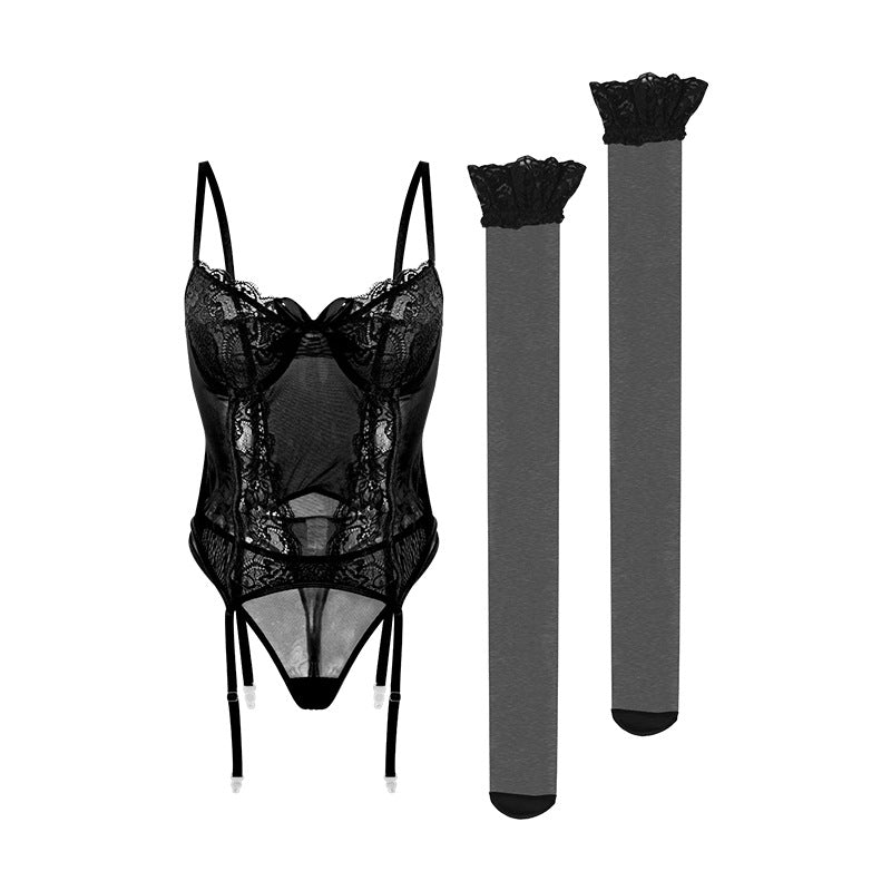 Sheer Mesh Deep V Embroidery Sexy Bodysuit