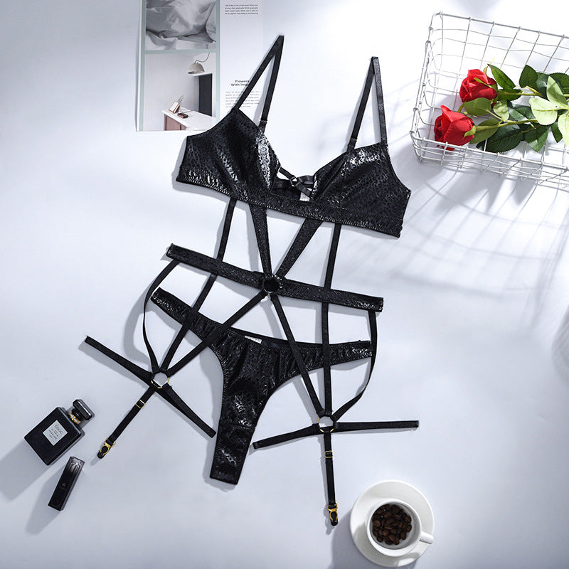 PU Leather Strappy Hollow Out Sexy Bodysuit