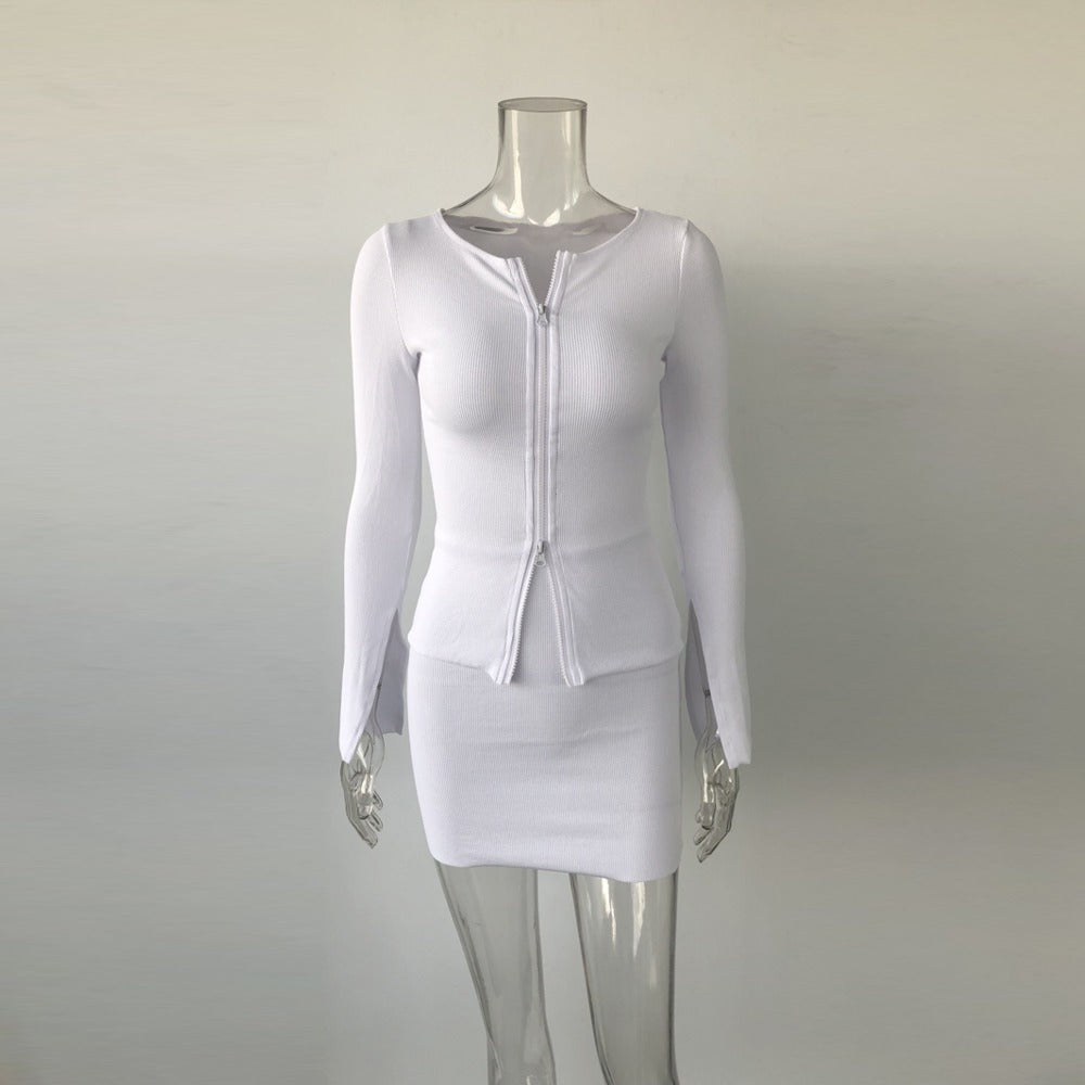 Zipper Sexy Tight Dress 2PCS Dress Set Club Wear