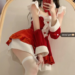 Christmas New Style Red Velvet Cute Dress Set