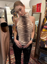 Striped Faux Fur Halter Neck Crop Top