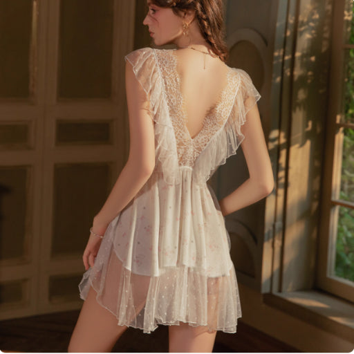 White Lace Floral Sleepwear With Bow