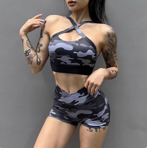 Camouflage Cross-Back Sports Bra and High-Waist Shorts Set