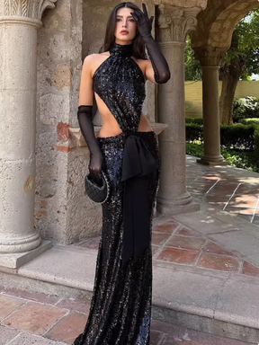 Sequin Halter Neck Cutout Maxi Dress With Bow Detail