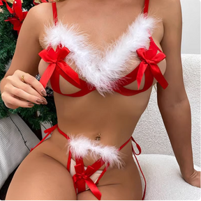 Christmas Hot Red Bow Bra Set