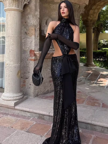 Sequin Halter Neck Cutout Maxi Dress With Bow Detail
