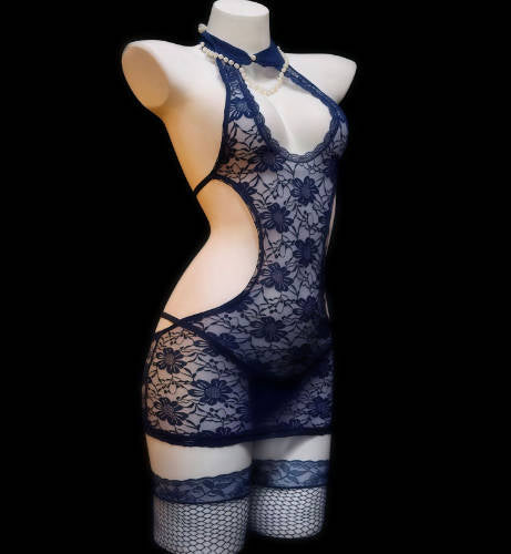 Sexy Lace Perspective Cheongsam Lingerie Set with Open-Crotch Design