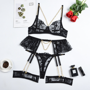 Black high-end quality metal chain lace sexy lingerie