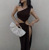 High Slit Waist-revealing Hollow One-shoulder Dress
