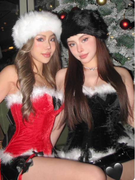 Christmas Red Velvet Bow Fur Strapless Top