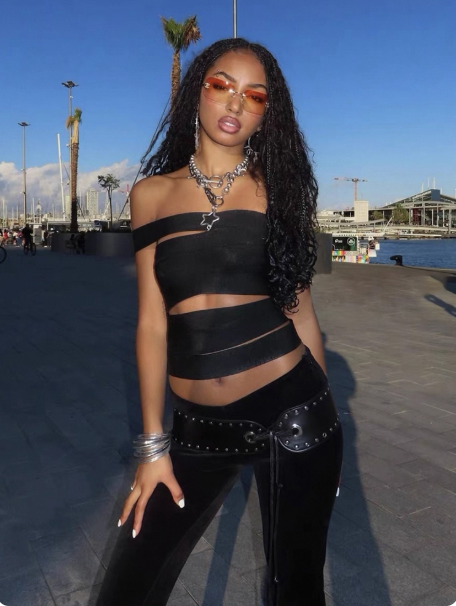 Black Asymmetric Cutout Off-Shoulder Crop Top