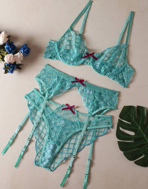 Cute Sexy Lace Trim Bra Set Underwire Strap Embroidery Lingerie