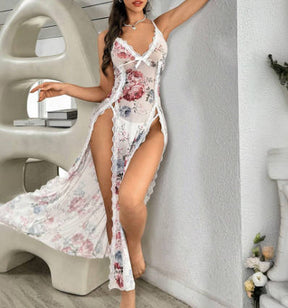 Sexy Chiffon Satin Printed Camisole Nightgown With Padded Cups