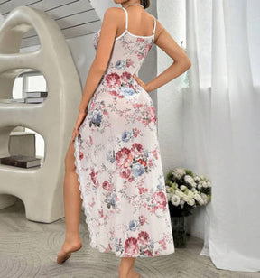 Sexy Chiffon Satin Printed Camisole Nightgown With Padded Cups