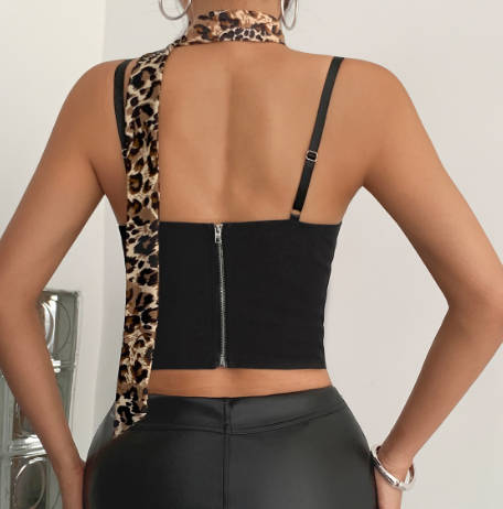 Hot Girl Leopard Print Color-Block Niche Lace-Up Corset Bustier Top