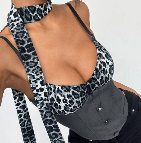 Hot Girl Leopard Print Color-Block Niche Lace-Up Corset Bustier Top
