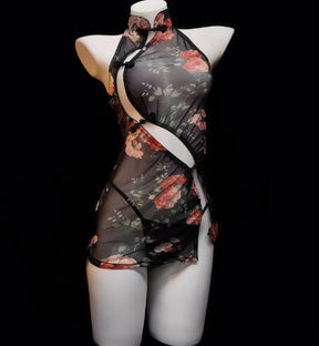 Sexy Vintage Sheer Cheongsam Tempting Forbidden Uniform Costume Lingerie