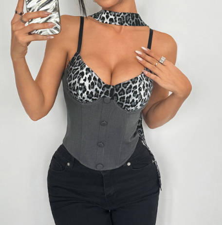 Hot Girl Leopard Print Color-Block Niche Lace-Up Corset Bustier Top
